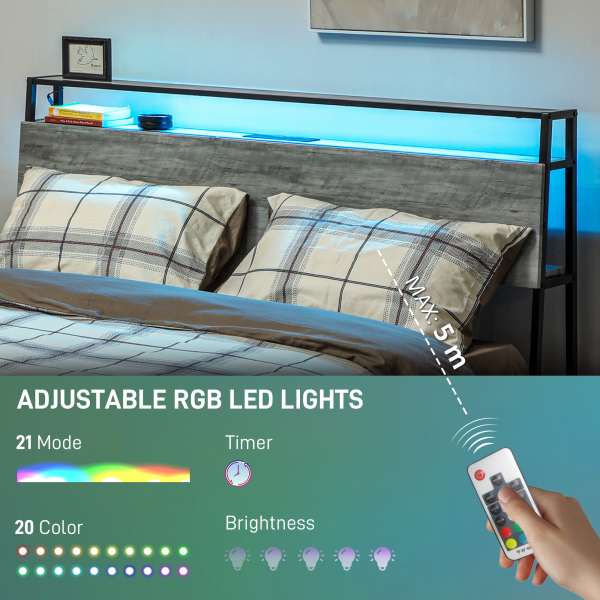 HOMCOM LED King Bed Frame with Charging Station, 150 x 200cm, Cement Grey - Image 4