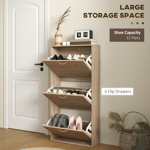 HOMCOM Slim Shoe Storage Cabinet with 3 Flip Drawers for 12 Pair of Shoes - Image 4
