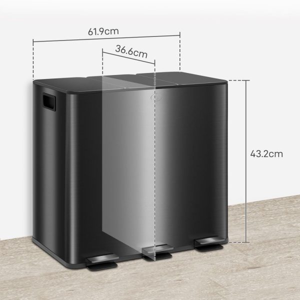 HOMCOM 3 x 15L Triple Kitchen Bin Pedal Bin for Recycling and Waste, Black - Image 5