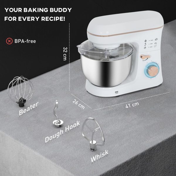 HOMCOM Electric Stand Mixer, 5L Food Mixer with Dough Hook, Whisk, White - Image 5
