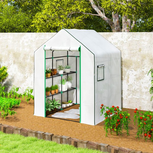 Outsunny Walk-in Greenhouse with 8 Shelves, Outdoor Small Greenhouse, White - Image 8