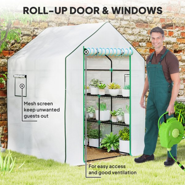 Outsunny Walk-in Greenhouse with 8 Shelves, Outdoor Small Greenhouse, White - Image 6