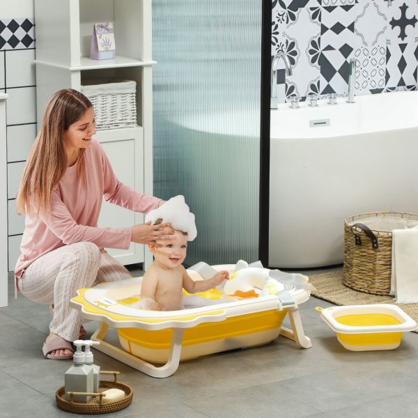 AIYAPLAY Foldable Baby Bath Tub Set with Bath Cushion, Wash Basin, Yellow - Image 2