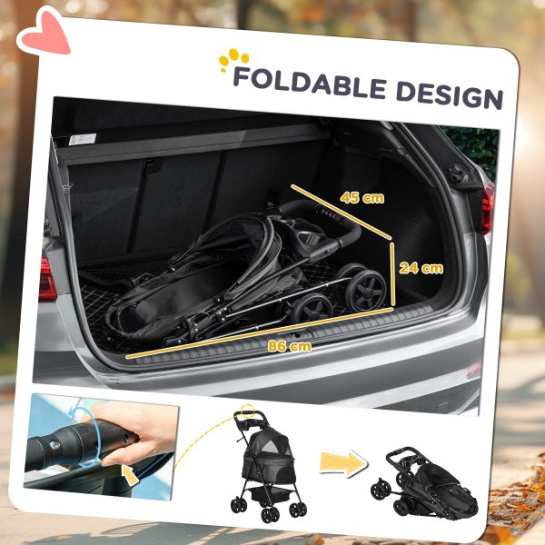 PawHut Pet Stroller Foldable Travel Carriage w/ Brake Basket Canopy, Black - Image 4