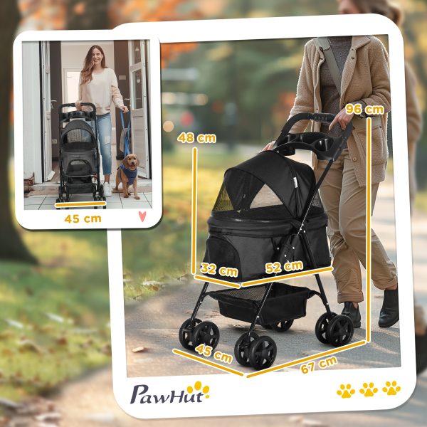 PawHut Pet Stroller Foldable Travel Carriage w/ Brake Basket Canopy, Black - Image 5