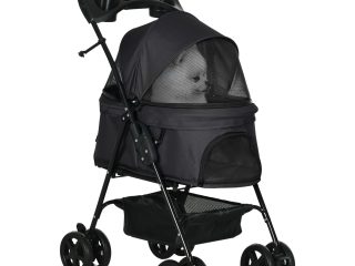 PawHut Pet Stroller Foldable Travel Carriage w/ Brake Basket Canopy, Black