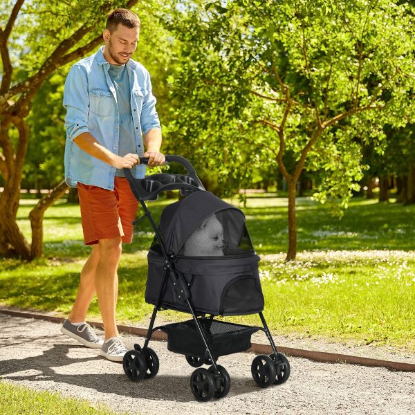 PawHut Pet Stroller Foldable Travel Carriage w/ Brake Basket Canopy, Black - Image 2