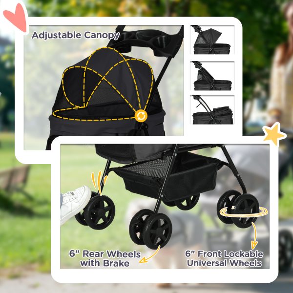 PawHut Pet Stroller Foldable Travel Carriage w/ Brake Basket Canopy, Black - Image 6