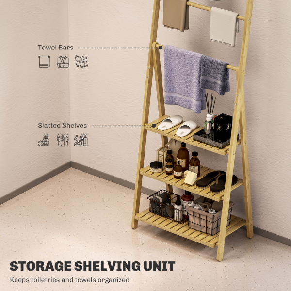 HOMCOM 3-Tier Folding Bamboo Bathroom Storage Shelving Unit with Towel Bars - Image 5