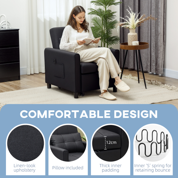 HOMCOM Folding Chair Bed, Sleeper Chair with Pillow, Side Pockets, Black - Image 3