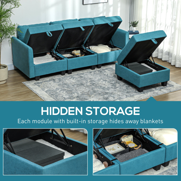 HOMCOM Convertible Modular Sectional Sofa w/ Storage Wood Frame Light Blue - Image 5