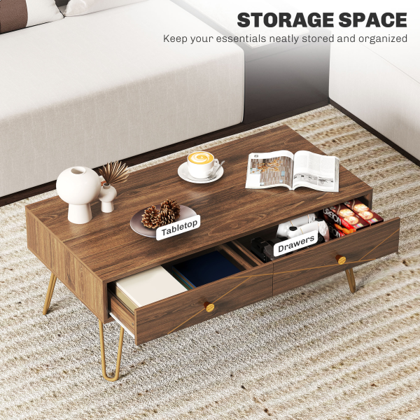 HOMCOM Coffee Table with Drawers, Living Room Table with Steel Base - Image 5