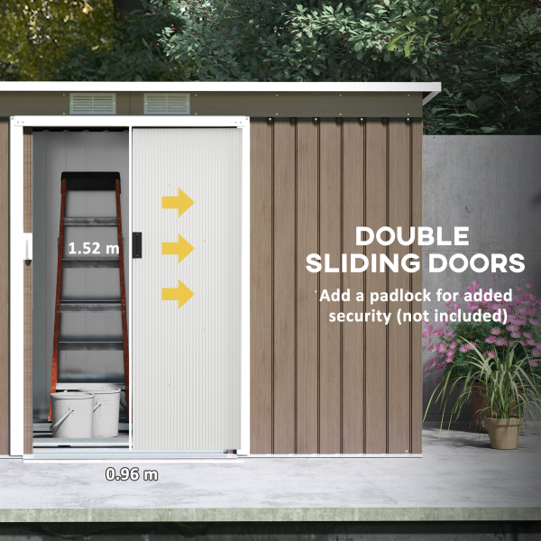 Outsunny 9 x 4FT Metal Garden Storage Shed w/ 2 Door, Light Grey Wood Grain - Image 5