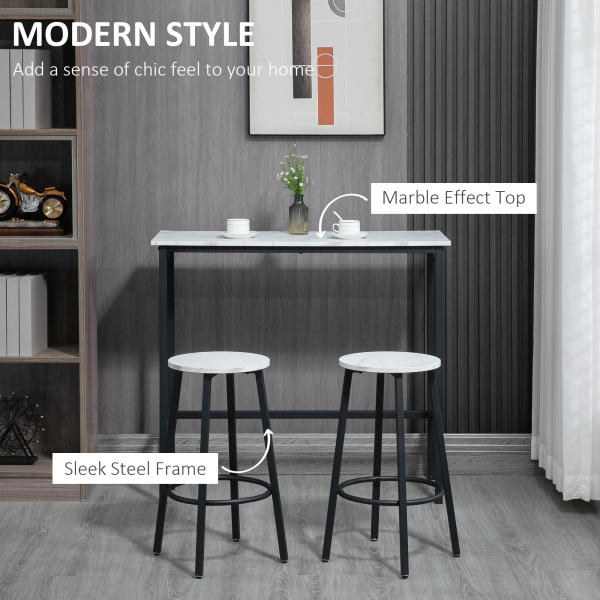 HOMCOM 3 Piece Bar Table Set for 2 with Stools Steel Frame Footrest White - Image 4