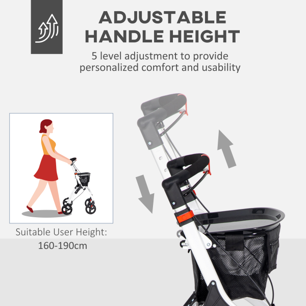 HOMCOM Folding Upright Rollator Walker with Storage Bag, Tray, White - Image 5