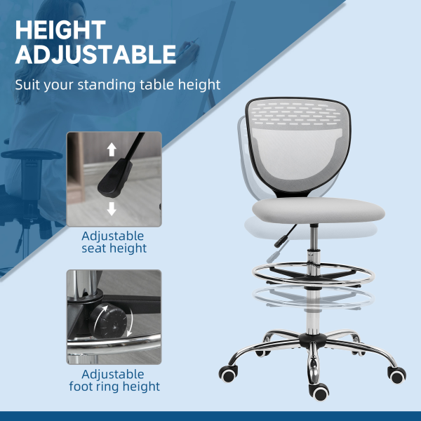 Vinsetto Draughtsman Chair, Office Chair with Wheels, Light Grey - Image 5