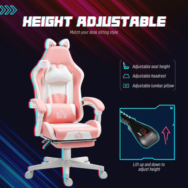 HOMCOM Gaming Chair with Footrest, Reclining Computer Chair, Pink - Image 5