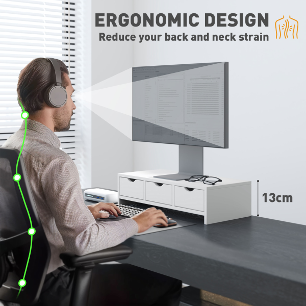 HOMCOM Monitor Stand Riser with 3 Drawers for Laptop, Computer, PC, White - Image 5