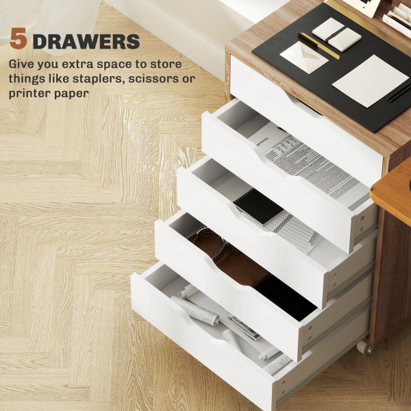 Vinsetto Mobile Filing Cabinet, 5-drawer File Cabinet with Wheels, Oak - Image 5