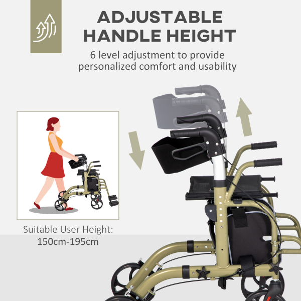 HOMCOM 2 in 1 Wheelchair & Folding Rollator Walker Combo, Yellow-green - Image 5