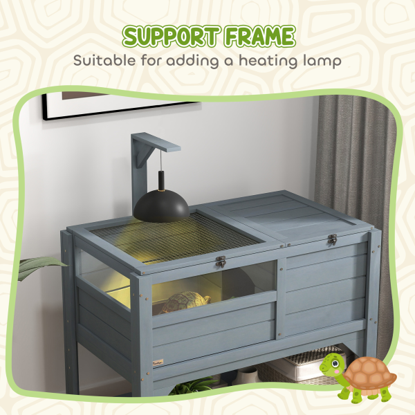 PawHut Wooden Tortoise House w/ Run, Shelter, Shelf, Lamp Holder, Grey - Image 5