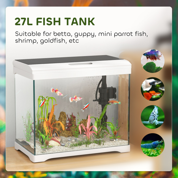 PawHut 27L Glass Fish Tank with Filter System, LED Light, Water Pump, White - Image 5