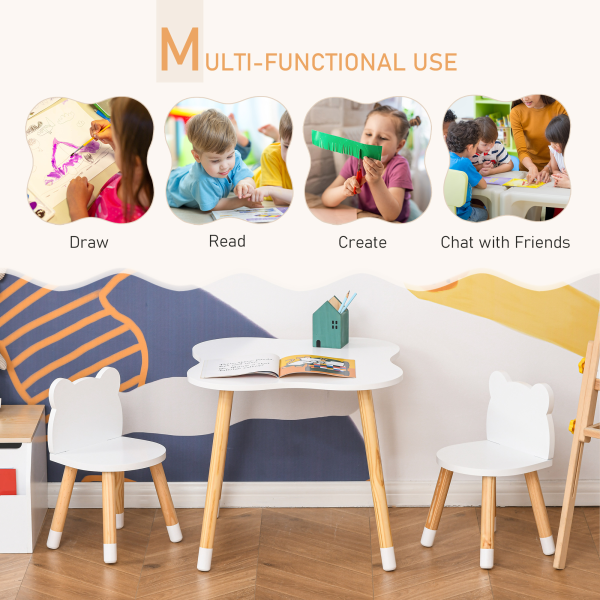 HOMCOM 3 Piece Kids Table and Chair Set with 2 Bear-shaped Chairs, White - Image 4
