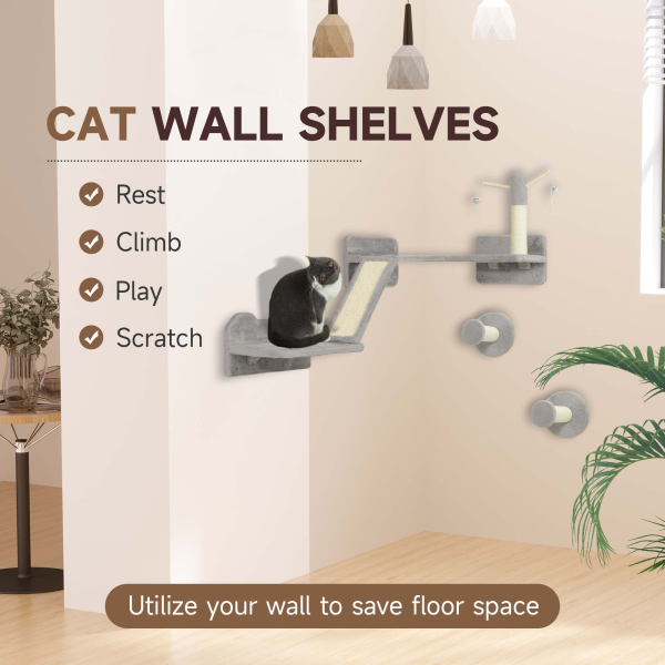 PawHut 3PCs Corner Design Cat Wall Shelves Furniture, Light Grey - Image 4