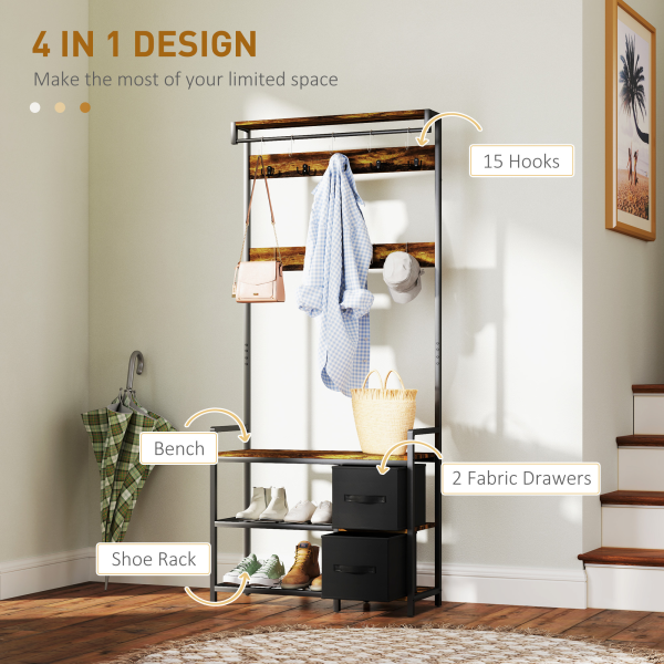 HOMCOM Coat Rack with Drawer, 4-in-1 Hall Tree with Coat Stand, Rustic Brown - Image 4