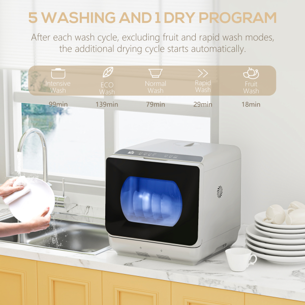 HOMCOM Worktop Dishwasher w/ 4 Place Settings 6 Programs, Silver Tone - Image 5