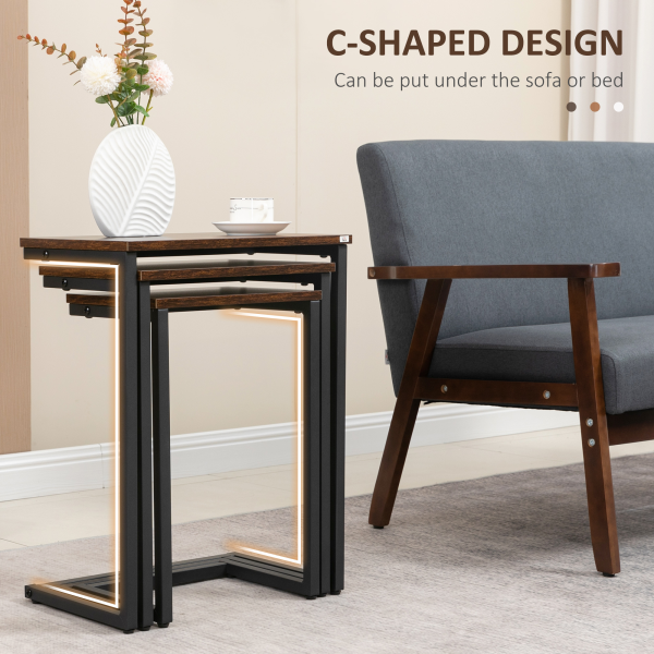 HOMCOM C-Shaped Nesting Tables Set of 3 with Steel Frame, Rustic Brown - Image 4