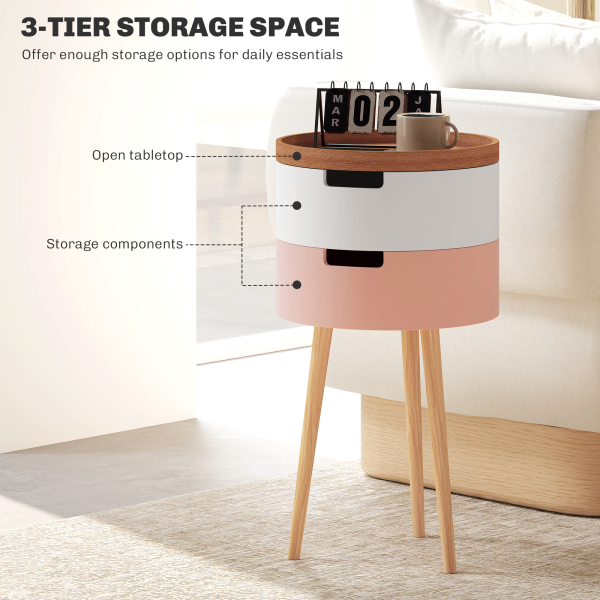 HOMCOM 3-Tier Round Side Table with Storage, Wood Legs, Multicolour - Image 4