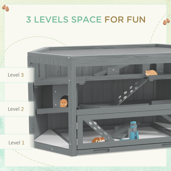 PawHut 3 Tier Wooden Hamster Cage Gerbil Play Centre w/ Sliding Tray Ramps - Image 5