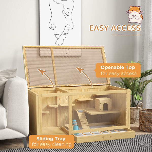PawHut Wooden Hamster Cage with Water Bottle, Platforms, Openable Roof - Image 5
