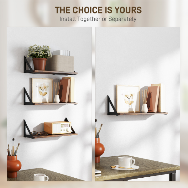 HOMCOM Set of 3 Vintage Wall Shelves for Living Room Rustic Brown - Image 5