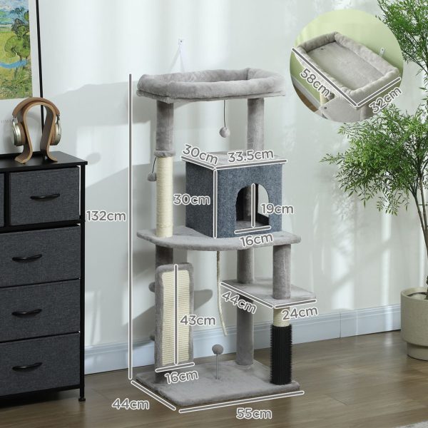 PawHut 132cm Cat Tree for Indoor Cats w/ Scratching Posts, Light Grey - Image 6