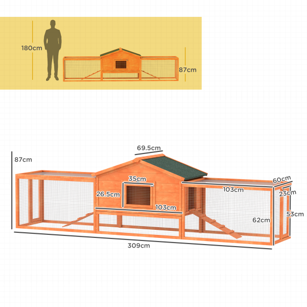 PawHut Wooden Rabbit Hutch Guinea Pig Hutch, Orange, 309 x 70 x 87cm - Image 5
