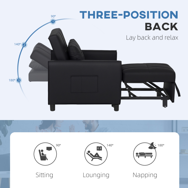 HOMCOM Folding Chair Bed, Sleeper Chair with Pillow, Side Pockets, Black - Image 4