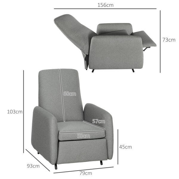 HOMCOM Push Back Recliner Chair Fabric Reclining Armchair for Bedroom Grey - Image 6