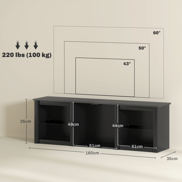 HOMCOM 160cm TV Unit w/ LED Lights for 65" TV Modern TV Stand Cabinet Black - Image 6