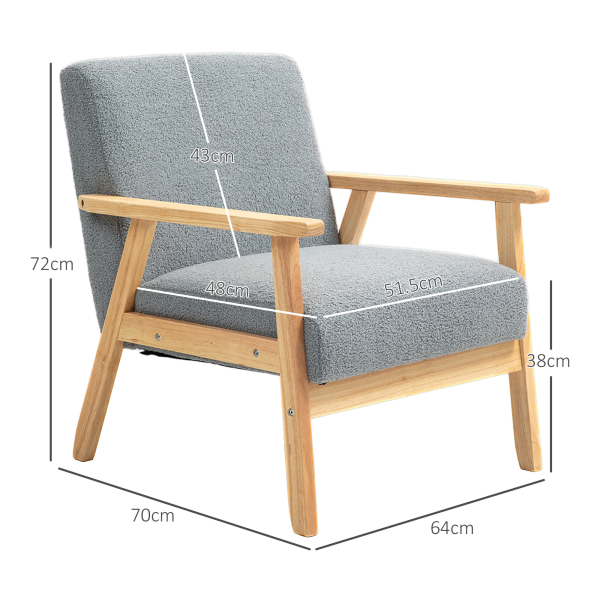 HOMCOM Accent Chair with Wood Frame Wide Seat Cashmere Armchair Grey - Image 5