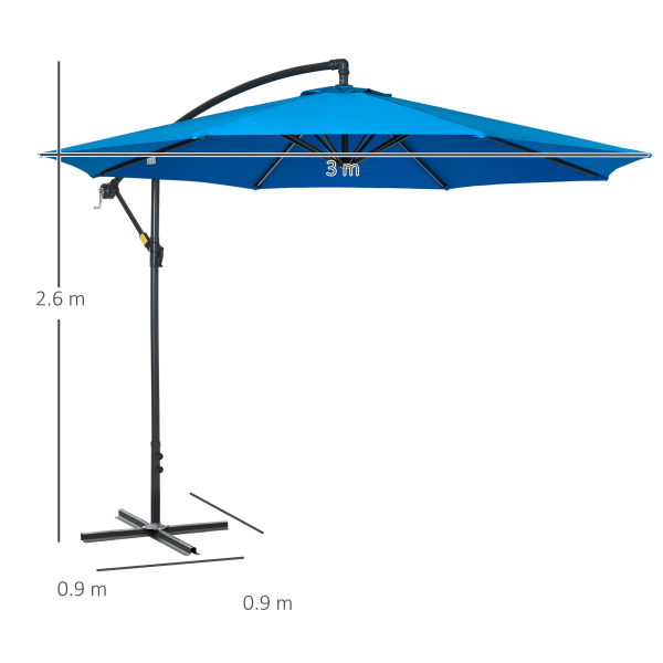 Outsunny 3(m) Garden Banana Parasol Cantilever Umbrella w/ Cross Base, Blue - Image 6
