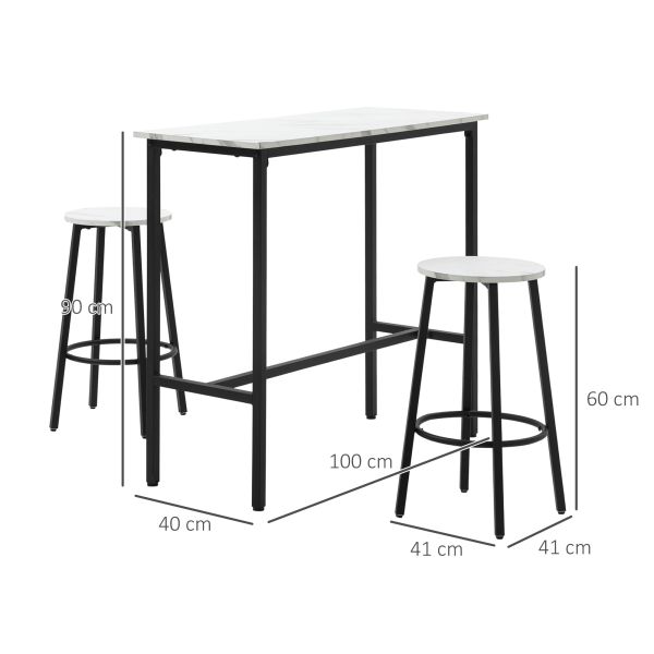 HOMCOM 3 Piece Bar Table Set for 2 with Stools Steel Frame Footrest White - Image 5