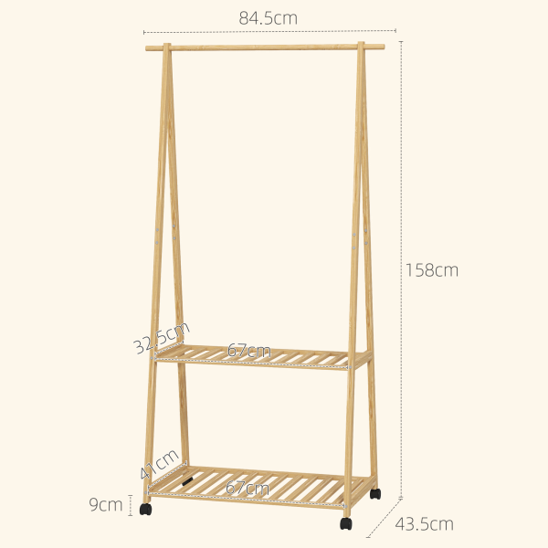 HOMCOM Bamboo Clothes Rail Rack with 2 Storage Shelves, Natural Wood Effect - Image 6