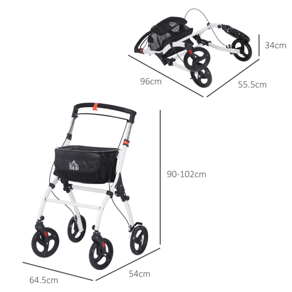 HOMCOM Folding Upright Rollator Walker with Storage Bag, Tray, White - Image 6