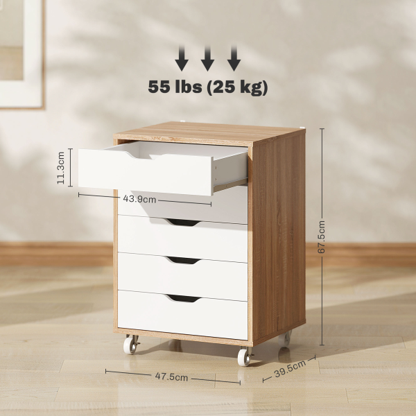Vinsetto Mobile Filing Cabinet, 5-drawer File Cabinet with Wheels, Oak - Image 6
