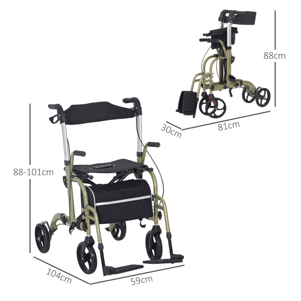 HOMCOM 2 in 1 Wheelchair & Folding Rollator Walker Combo, Yellow-green - Image 6