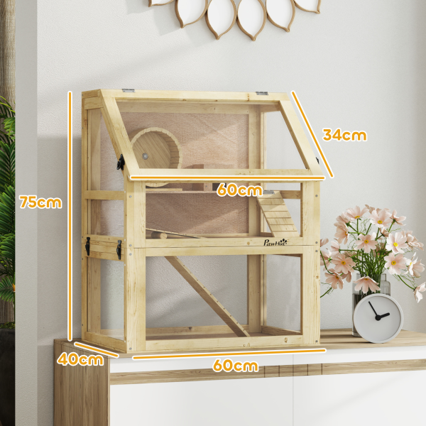 PawHut Wooden Hamster Cage w/ Detachable Bottom, Hut, Seesaw, 60 x 40 x 75cm - Image 6