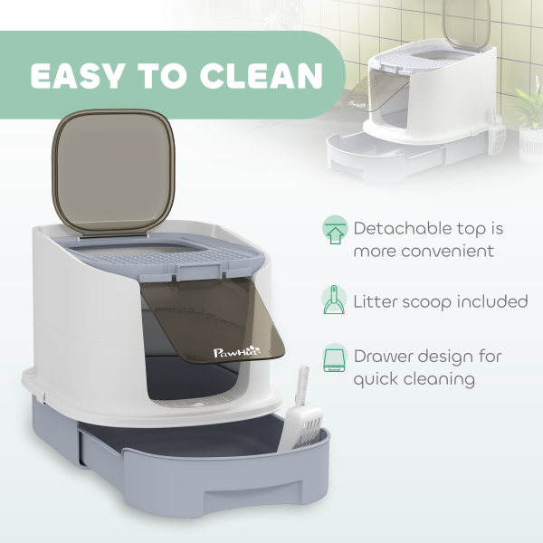 PawHut Cat Litter Box, Hooded Cat Litter Tray with Lid, Scoop, Grey - Image 5
