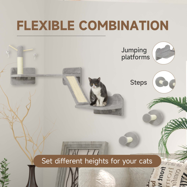 PawHut 3PCs Corner Design Cat Wall Shelves Furniture, Light Grey - Image 5